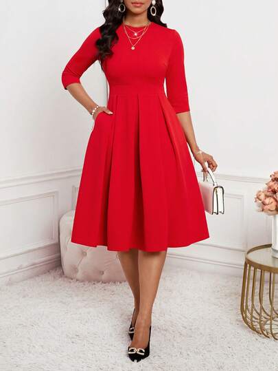 SHEIN Lady 大码纯色圆领插肩袖腰带口袋褶裥连衣裙