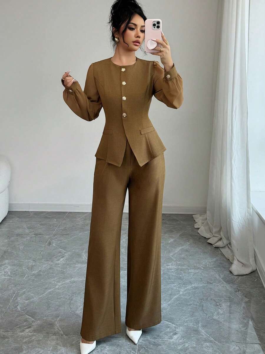 Selianne Women's Solid Color Round Neck Long Sleeve Single-Breasted Shirt And Pants Elegant 2 Pieces Set - Mustard Yellow - View 1