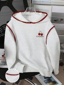 SHEIN 1pc Tween Girl Oversized Cherry Print Sweatshirt,Cute Back-To-School Loose Fit Pullover,Red And White Stripe Contrast Trim,Comfortable Autumn School - Light Grey - View 1