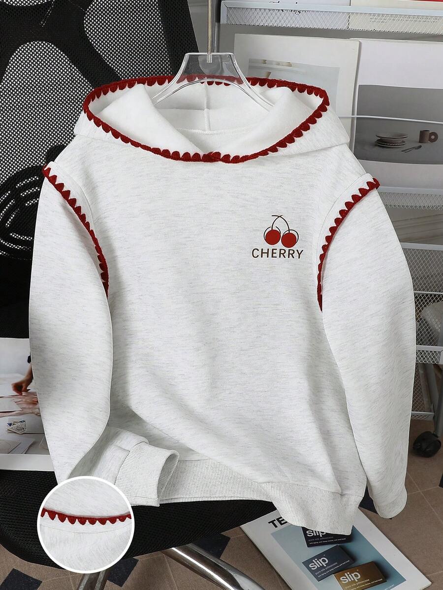 SHEIN 1pc Tween Girl Oversized Cherry Print Sweatshirt,Cute Back-To-School Loose Fit Pullover,Red And White Stripe Contrast Trim,Comfortable Autumn School - Light Grey - View 1