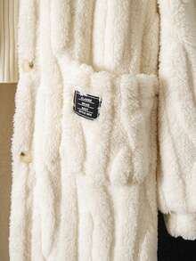 Sparklyn 1 件青少年女孩休闲连帽加厚羊毛夹克，宽松版型，经典白色，正面全拉链带纽扣，舒适的长外套，纹理针织设计，带有黑色英文文字装饰，适合上学、通勤、度假、旅行、返校、音乐节、秋冬 - 米色 - 查看 7