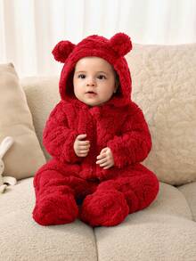SHEIN 新生儿男女宝宝可爱卡通图案毛绒连帽连体衣，适合秋冬季室内外穿着