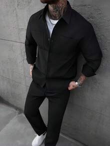 Manfinity Homme 男士秋冬小格纹经典双口袋长袖衬衫搭配弹力抽绳长裤两件套，适合休闲、办公、居家、聚会、约会、商务、驾车或骑行等各种场合，正式或非正式皆宜，自用或送礼皆宜。 - 黑色 - 查看 7