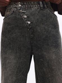 SUMWON 阔腿酸洗牛仔裤，纽扣门襟，宽松版型，休闲街头风，秋冬时尚 - 黑色 - 查看 6