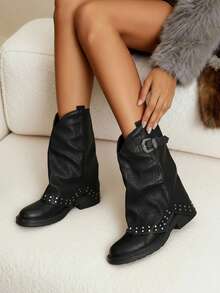 Daringsoles 时尚百搭休闲复古扣环中筒靴 - 黑色 - 查看 1