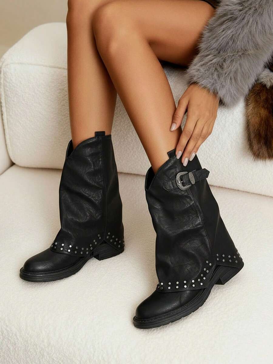 Daringsoles 时尚百搭休闲复古扣环中筒靴 - 黑色 - 查看 1