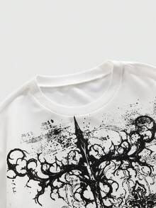 ROMWE MEN Street Life 男士圆领长袖荆棘印花T恤搭配抽绳腰阔腿裤休闲套装 - 黑與白 - 查看 8