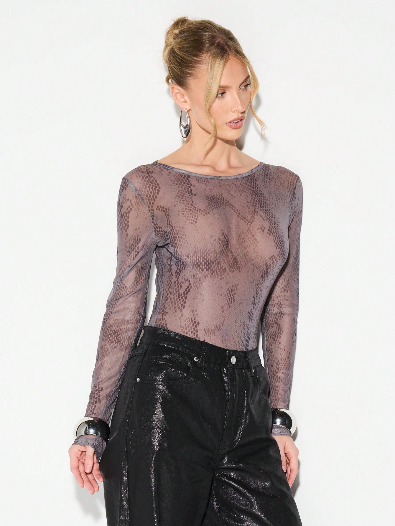 KIZN Sheer Snake Print Long Sleeve Bodysuit