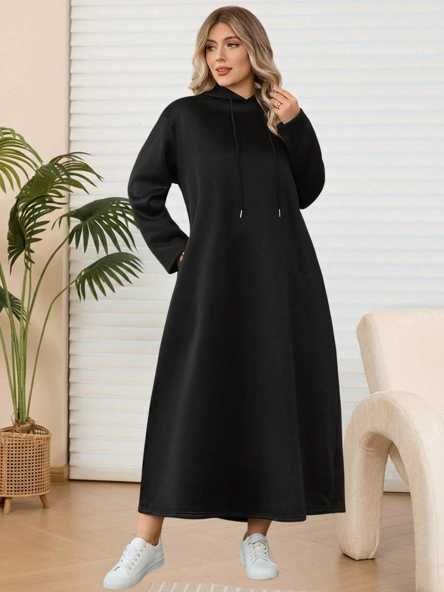 EMERY ROSE 大码女式纯色长袖休闲抽绳连帽卫衣连衣裙 - 黑色 - 查看 1