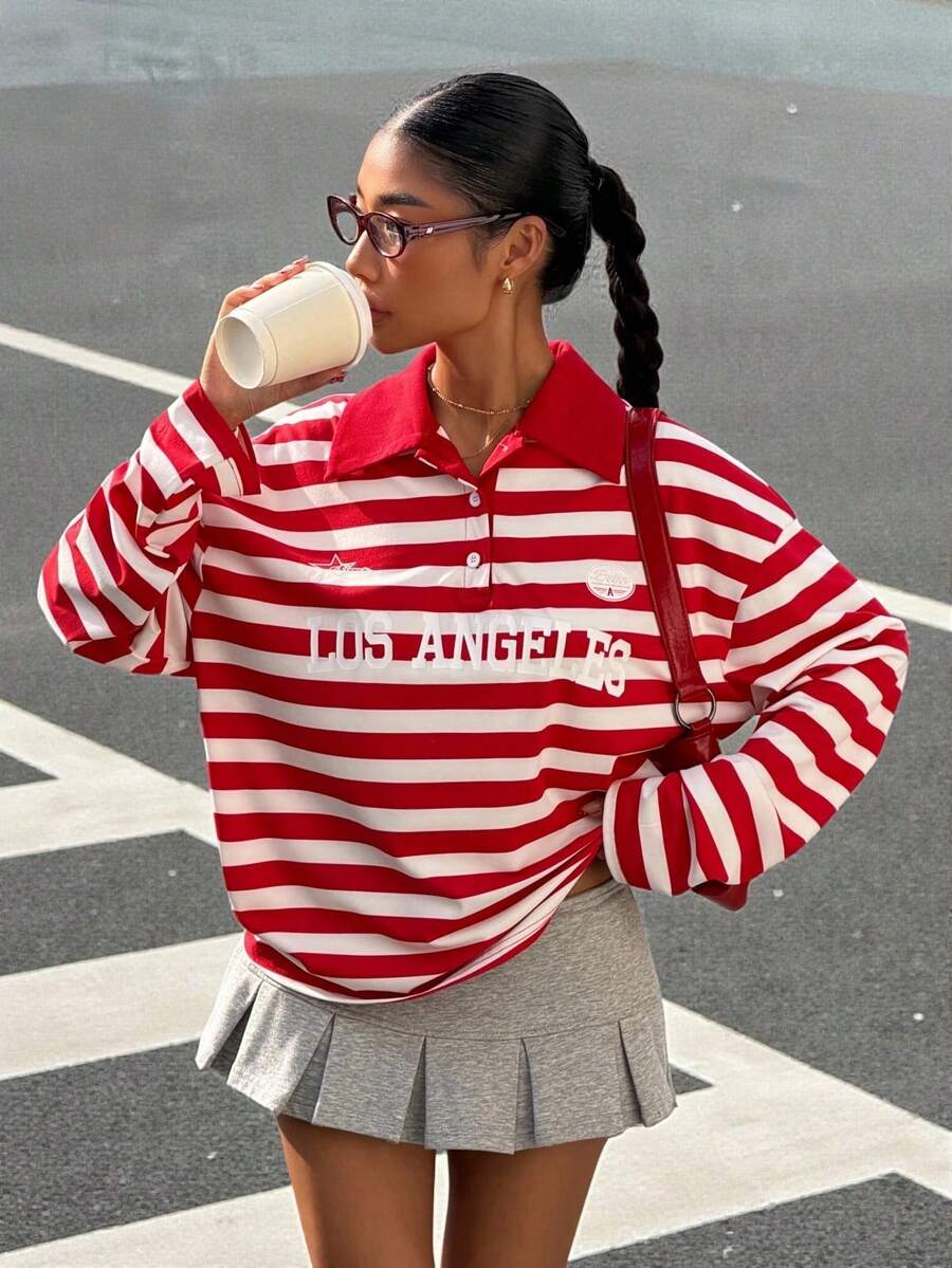 Muchica Women's Casual Red Striped Letter Print T-Shirt For Going Out Outfits, Back To School, Streetwear, Y2K Clothes, Autumn Clothes, Striped Long Sleeve,Graphic Tees - Red and White - View 1