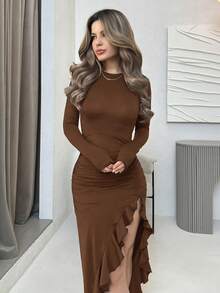 Jemour 1pc Women's Solid Color Round Neck Fitted Ruffle Asymmetrical Hem Long Sleeve Dress ,Petite Women - Coffee - View 4