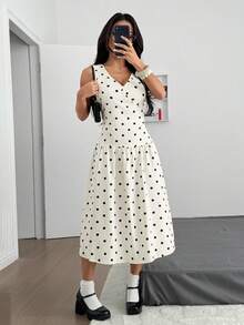 SHEIN EZwear 常规款V领波点无袖女式连衣裙 - 白色 - 查看 5