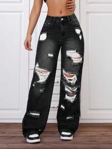 SHEIN ICON 大码女式街头风破洞直筒牛仔裤，夏季 - 灰色 - 查看 1