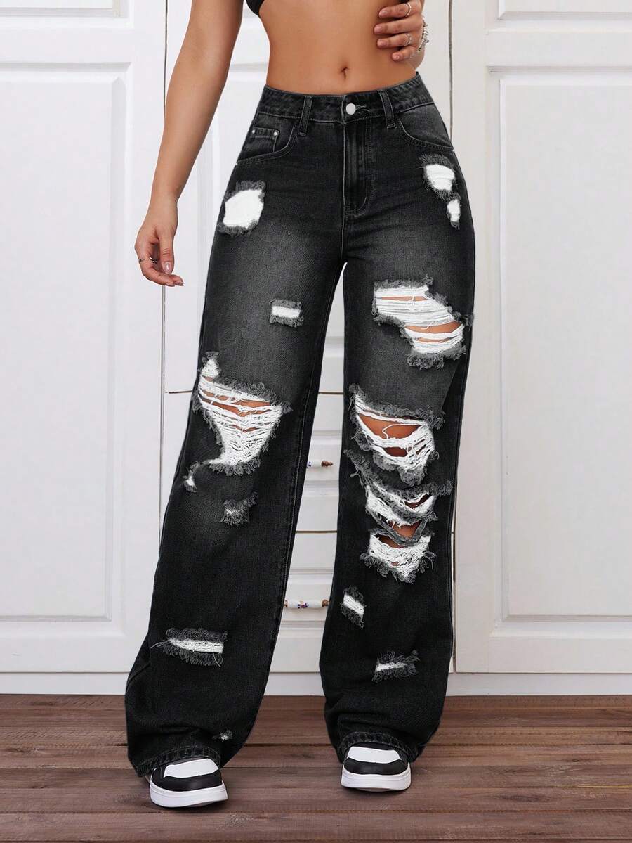 SHEIN ICON 大码女式街头风破洞直筒牛仔裤，夏季 - 灰色 - 查看 1