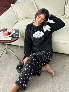 SHEIN 2件套少女可爱云朵图案圆领长袖柔软舒适法兰绒家居服睡衣套装，秋冬季 - 黑與白 - 查看 4