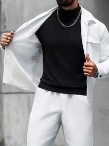 Manfinity CasualCool Men's Casual Solid Color White Autumn Suit Set,Commuter Jacket And Pants Outfit,Holiday Tuxedo For Daily Leisure,Outdoor Activities & Semi-Formal - White - View 7