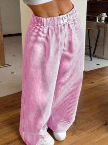 SHEIN EZwear 粉色条纹编织女裤