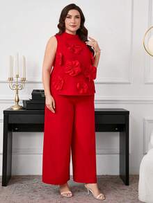 Ellevyn 大码女装两件套，优雅红色花卉图案两件套，派对礼服两件套，包含无袖上衣和长裤 - 紅色 - 查看 5
