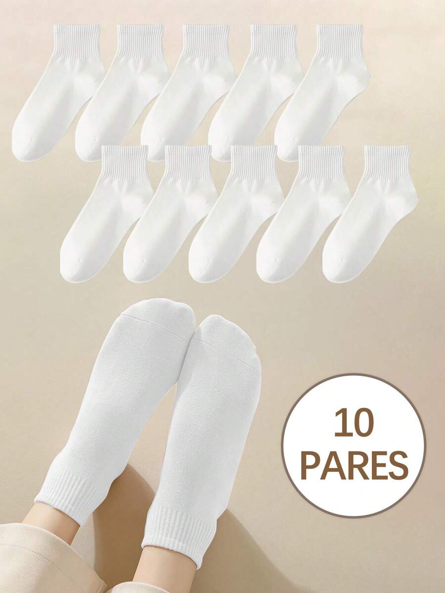 10 Pares de Calcetines Lisos Tobilleros Para Mujer, Calcetines Unitalla - Blanco - Ver 1