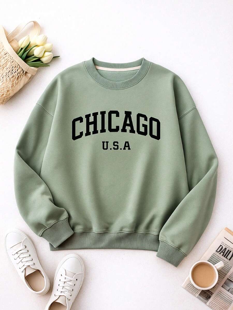 Sudadera estampada "CHICAGO U.S.A." - moderna, urbana y cómoda con estilo universitario premium - Verde Oliva - Ver 1