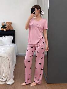 2pcs Women Letter & Heart Print Casual Pajama Set Pink Pajamas Set Cute Sleep Wear Women Curve Pajamas Set Heart Pajama Set Cute Lounge Wear - Pink - View 6