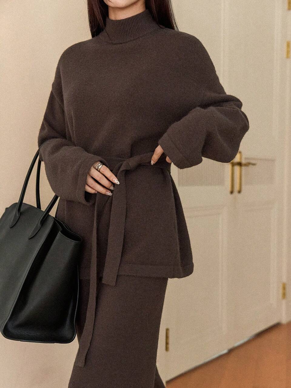 Women's Elegant Coffee Brown Lounge 2-Piece Set,Autumn High Neck Loose Belted Sweater And Flared Leg Pants,Casual Everyday Commute Business Outfit