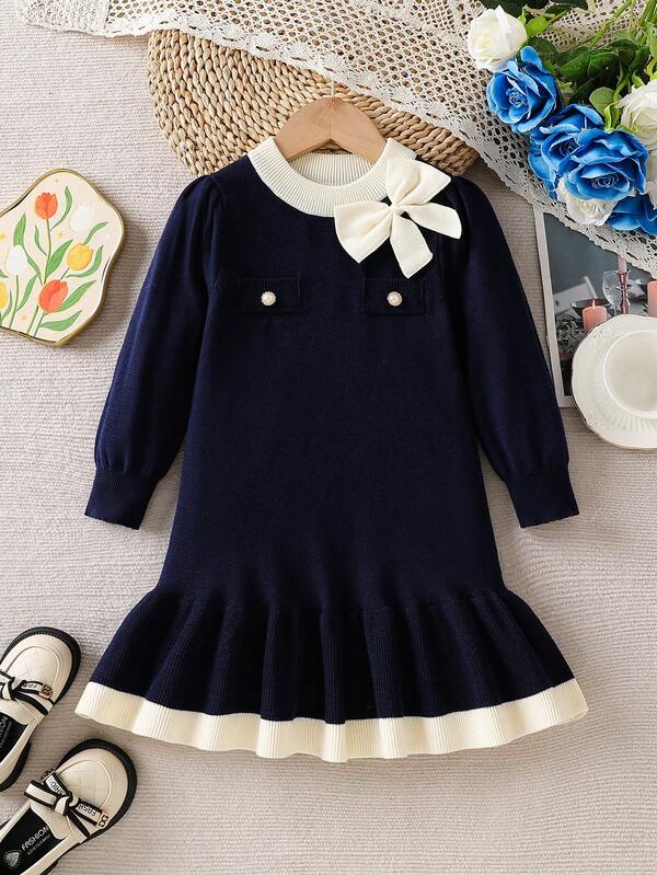 Young Girls' Navy Blue Ruffled Sweater Dress,3D Handmade Bow,Autumn Long-Sleeve Knitted Style For School Girl,Back-To-School Sweet Elegant Outfits