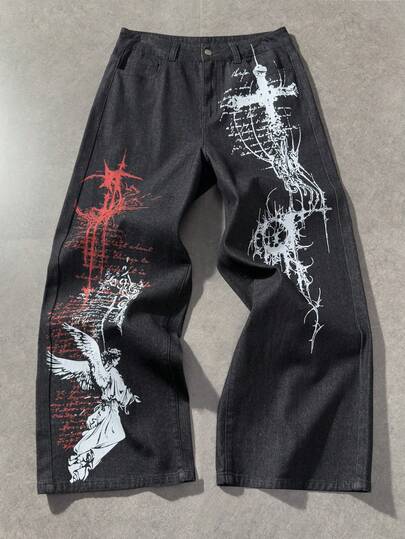 Jeans casuales anchos y sueltos con bolsillo con gráfico de cruz y ángel para hombres