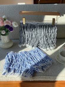 Comfortcana 2025新款极简主义秋季时尚女式休闲蕾丝边格纹短裤，夏季格子休闲女式沙滩短裤，夏季女式褶皱短裤，蕾丝边短裤 - 彩色 - 查看 7