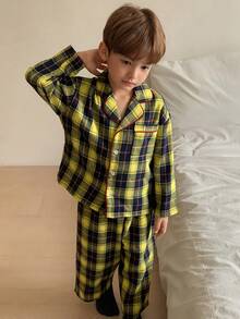 Dazy Kids 男童格子长袖单排扣上衣和裤子睡衣套装 - 黃色 - 查看 3