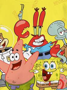 SpongeBob SquarePants | SHEIN Damen Gelbes T-Shirt mit Cartoon-Muster, Rundhalsausschnitt, Kurzarm, Crop-Schnitt