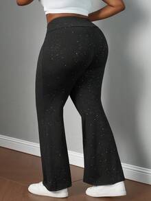 SHEIN PETITE CURVE Plus Size High Waist Flared Shiny Stretchy Knit Black Long Flare Pants, Suitable For Vacation, Outing, Date, Party, Casual Daily Wear Black Flare Pants Flared Leggings Star Pants - Black - View 2