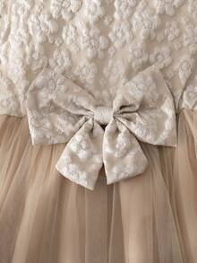 2 件套青少年女孩服装，包括提花编织圆领无袖背心、网眼蝴蝶结连衣裙和长袖开衫，适合秋季上学的百搭休闲装 - 卡其色 - 查看 6