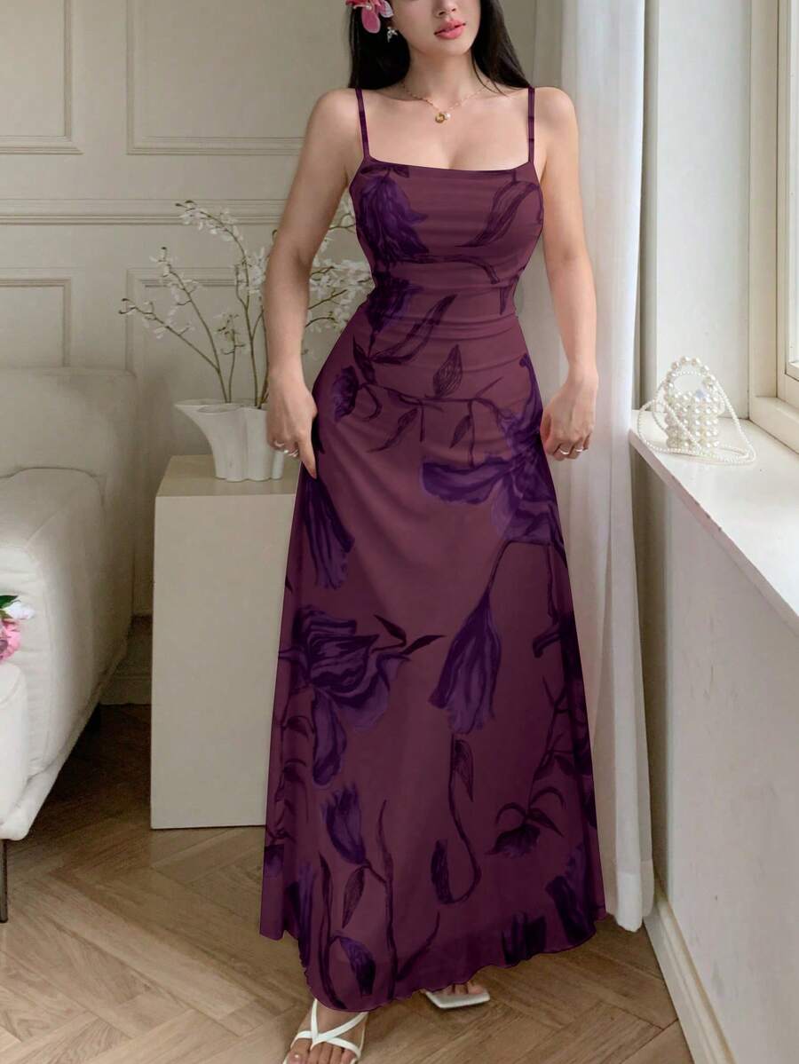 Modelyn Vestido casual de verano para mujer con estampado floral de malla, tirantes finos y volantes en la cintura - Burdeos - Ver 1