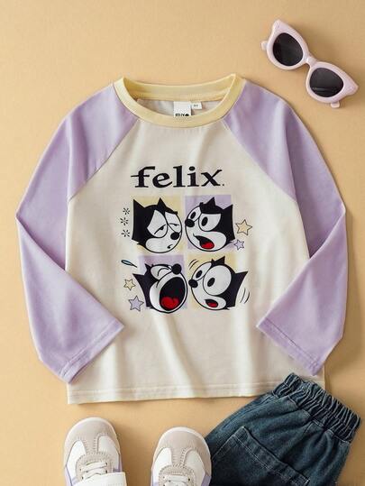 SHEIN Felix The Cat Young Girl Cartoon Cat Print Cute Apricot & Purple Patchwork Long Sleeve T-Shirt, Casual & Playful