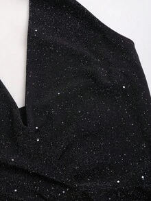 Sweetra Váy ngắn vải bóng đen thanh lịch mới, cổ chữ V, ôm sát, thiết kế eo thắt, thích hợp cho tiệc năm mới, đi làm, mặc hàng ngày - màu đen - Xem 5