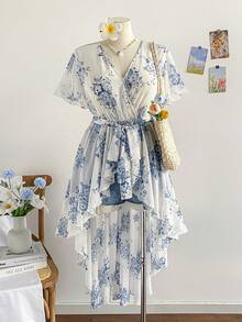 Soleia Áo cánh voan in hoa tay loe buộc nơ phía trước cho nữ cỡ lớn - Màu xanh lam - Xem 6