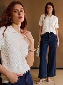 MOTF PREMIUM SEQUIN COLLAR SHORT SLEEVE KNIT TOP - Apricot - View 7