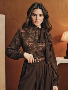 Anewsta 优雅时尚新年圣诞派对约会之夜蕾丝泡泡袖复古女式衬衫，秋冬款 - 咖啡棕 - 查看 5