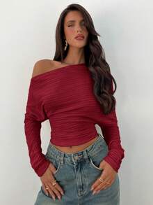 Aloruh Blusa de manga larga ajustada con cuello asimétrico de punto grueso y plisado de unicolor - Rojo - Ver 4