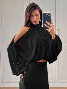 Aloruh 女士新款缎面长袖衬衫，纯色乳白色和香槟色，泡泡袖设计，优雅性感派对装，秋冬款 - 黑色 - 查看 7