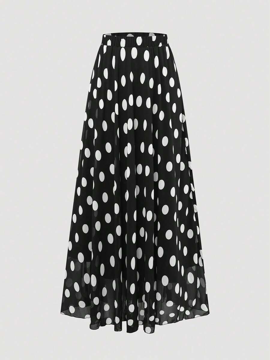 SHEIN LUNE Jupe longue en mousseline de soie à taille élastique avec imprimé pois, pour la mode grande taille d'été, jupe maxi pour le Thanksgiving