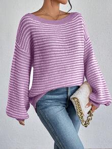 SHEIN VCAY 大码女式露肩横条纹套头毛衣，商务休闲/度假/乡村风上衣 - 紫色 - 查看 6