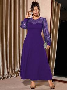 Cravure 大码女式亮片网纱拼接黑色针织面料灯笼袖连衣裙，适合夜店派对的优雅长款晚礼服 - 紫色 - 查看 7