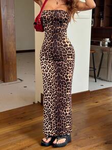 SHEIN EZwear Women's Sexy Leopard Print Slit Bandeau Dress, Summer,Summer Dresses For Women