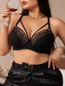 Plus Size Women Lace Patchwork Underwire Bra, Comfortable & Sexy, Suitable For Outerwear, Daily Wear, Dates, Parties