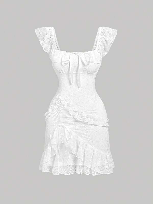 SHEIN MOD White Romantic Ballet Style Lace Ruffle Hem Dress Wedding Guest Summer Summer Outfits Graduation White Dress