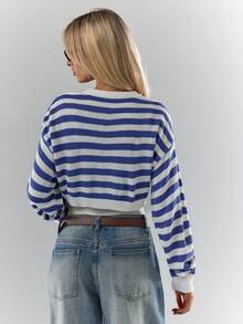 Glamine Women's Blue White Stripe Button-Up Knitted Long Sleeve Knit Top,Autumn Casual Back-To-School Cropped Nautical Sailor Preppy 70s Tops For School - Multicolor - View 7