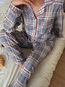 Snug Zone 格纹撞色滚边翻领上衣和裤子睡衣套装，冬季服装 - 彩色 - 查看 5