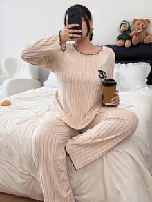 Dream Adore Bộ đồ ngủ nữ cỡ lớn thêu số, kiểu dáng thường ngày, chất liệu dệt kim, thích hợp mặc mùa đông. - Màu be - Xem 6